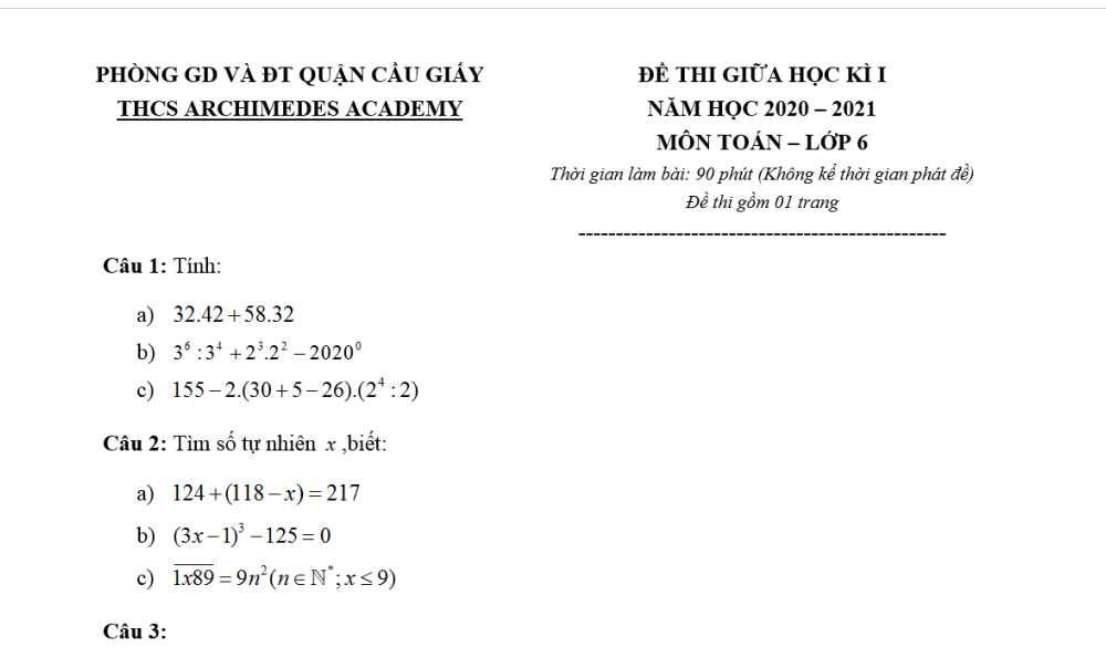 Toán 6: Đề kiểm tra giữa học kì 1. Trường THCS Archimedes Academy năm học 2020-2021